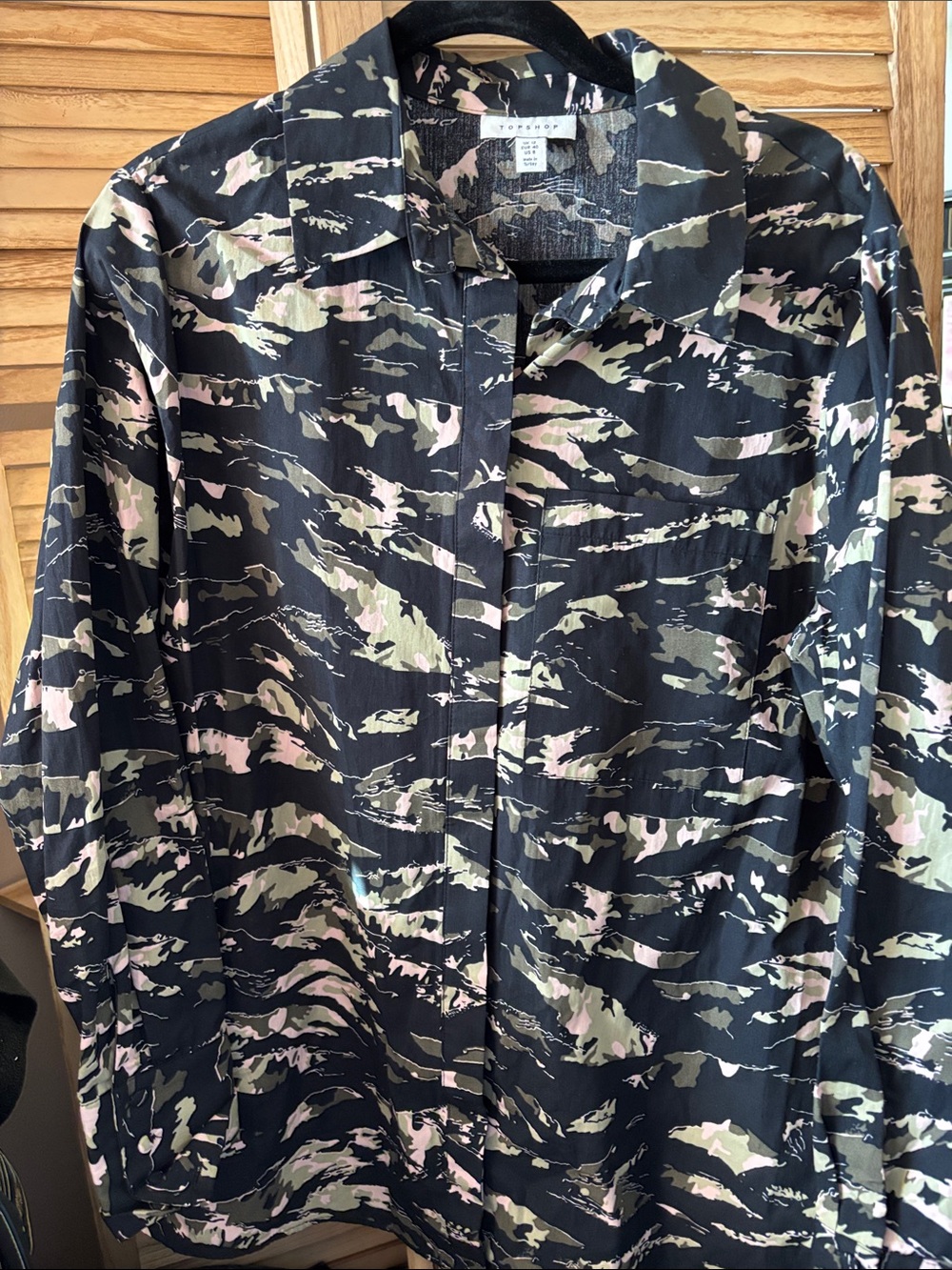 Topshop Black Button-Up Shirt with Pink & Olive Print 8